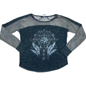 Miss Me Boho Graphic Lace Sleeve Top Small Green Sheer Knit Festival Western Top